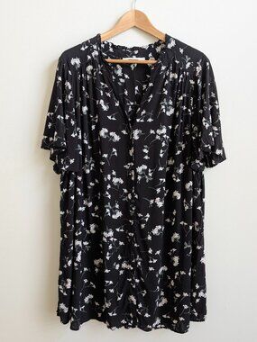 In Every Story 2X 100% viscose button down tunic top blouse black daisy
